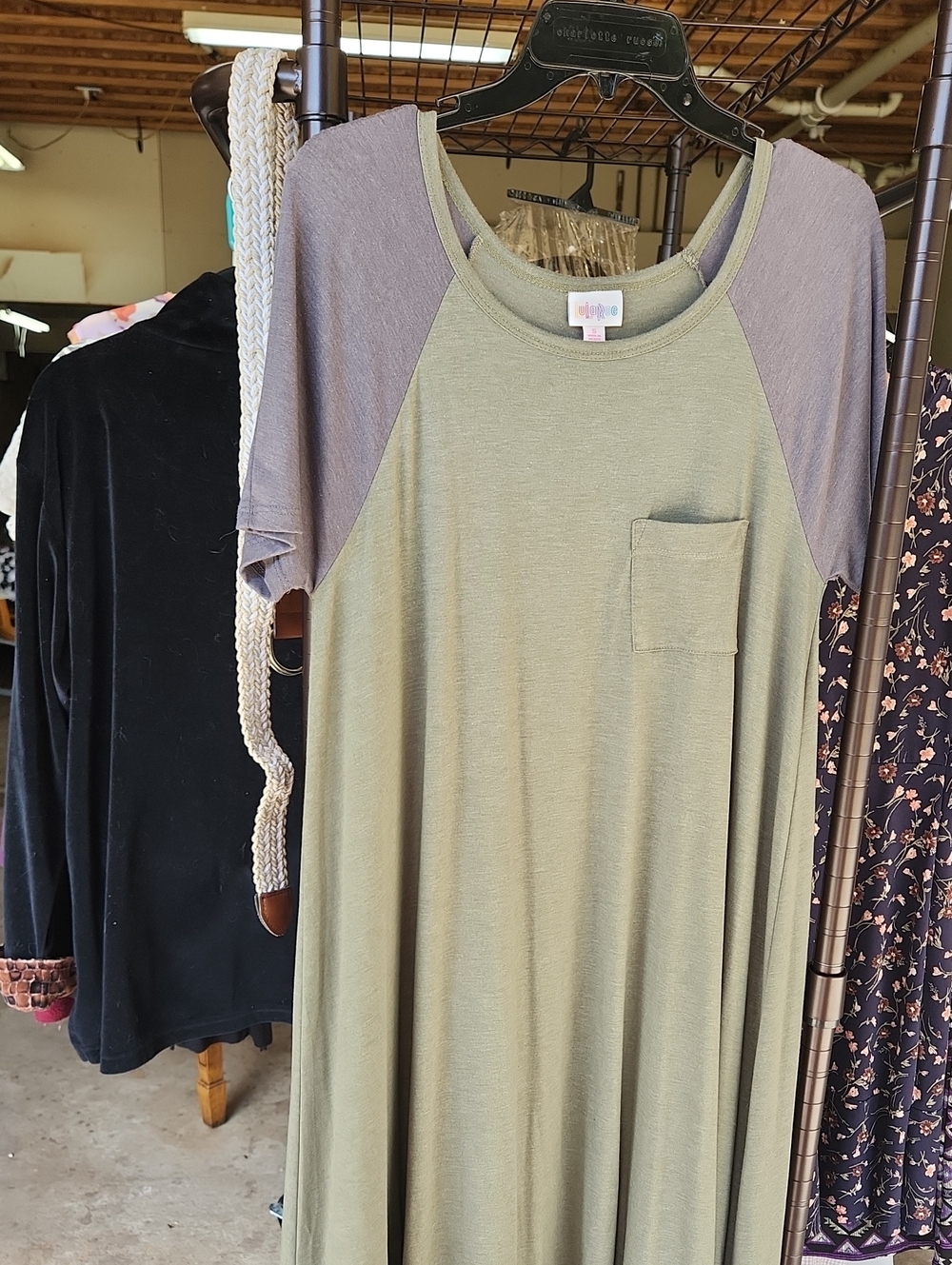 LuLaRoe Olive TShirt Dress with Gray Short Raglan Sleeves